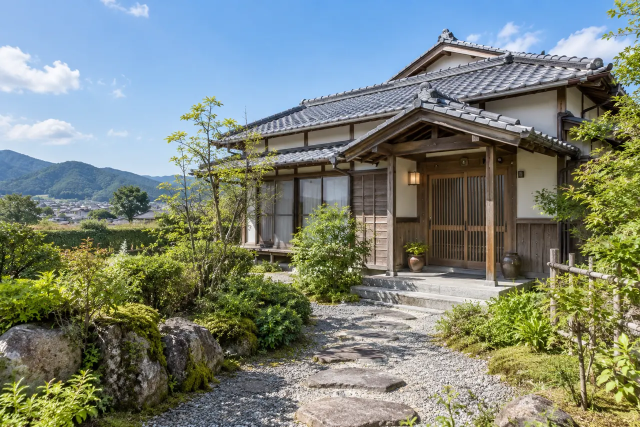 瓦屋根と庭のある日本の一戸建て住宅のイメージ